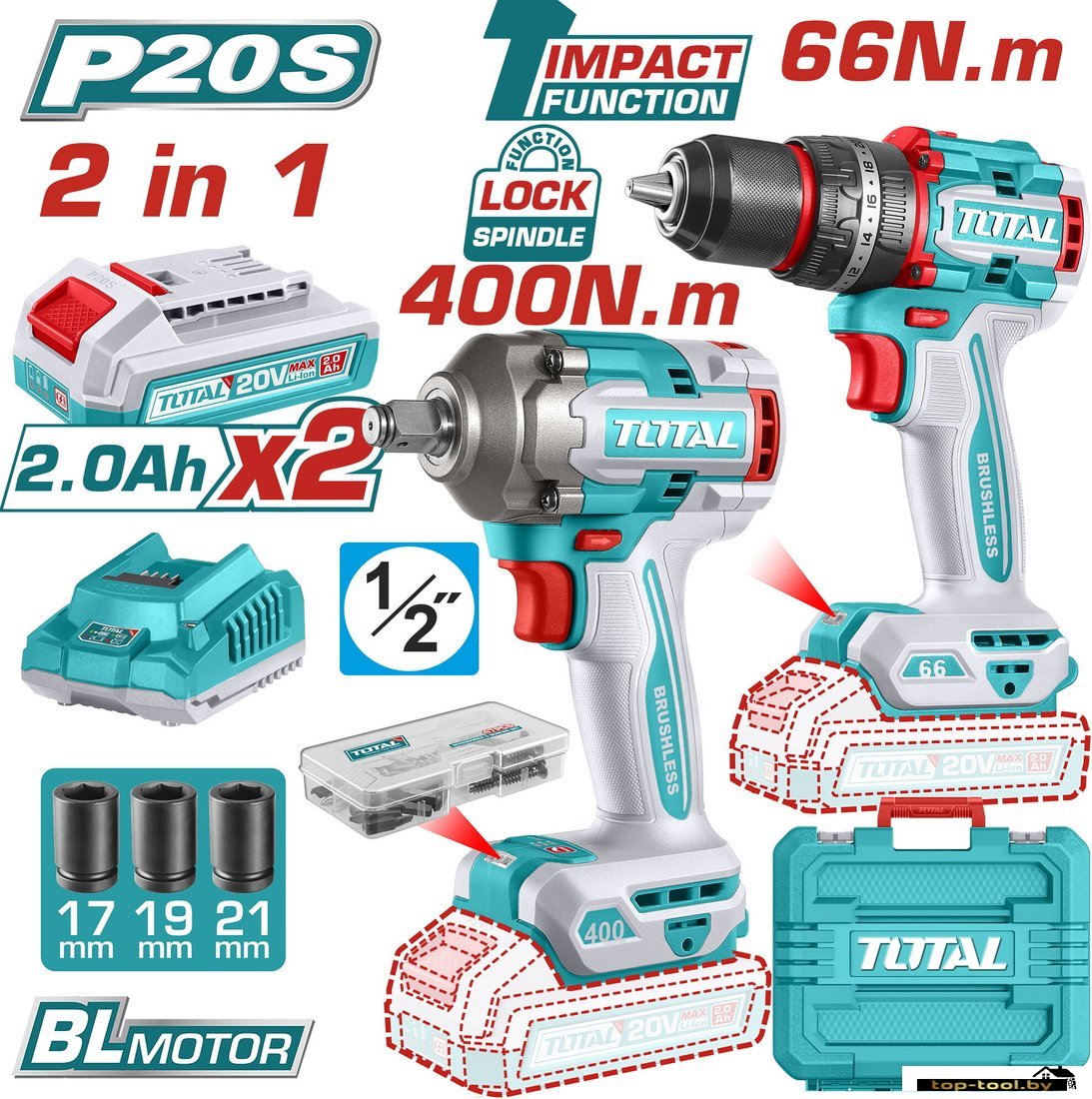 Total TCKLI20275 (шуруповерт, гайковерт, 2 АКБ, кейс)