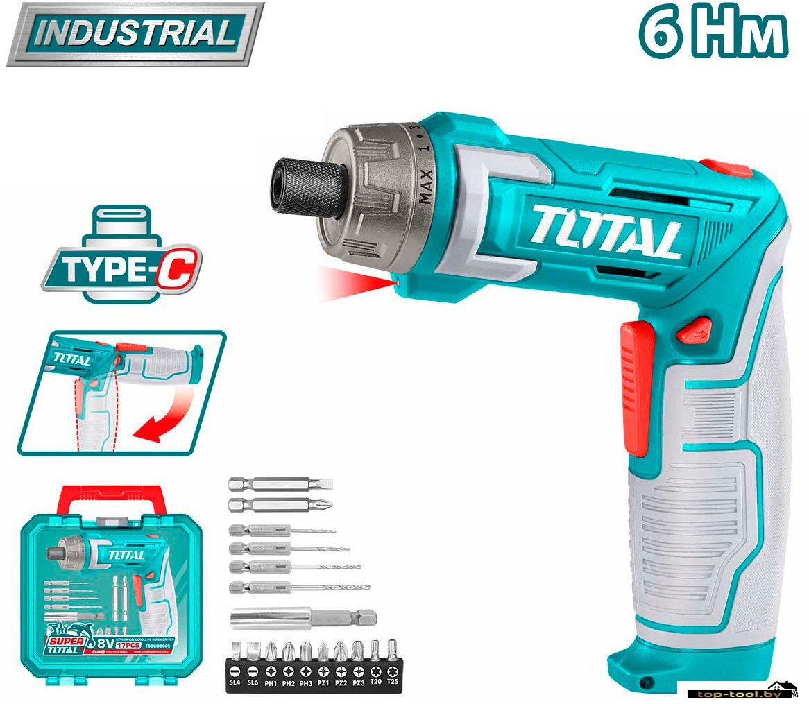 Электроотвертка Total TSDLI08025 (с 1-им АКБ, кейс)