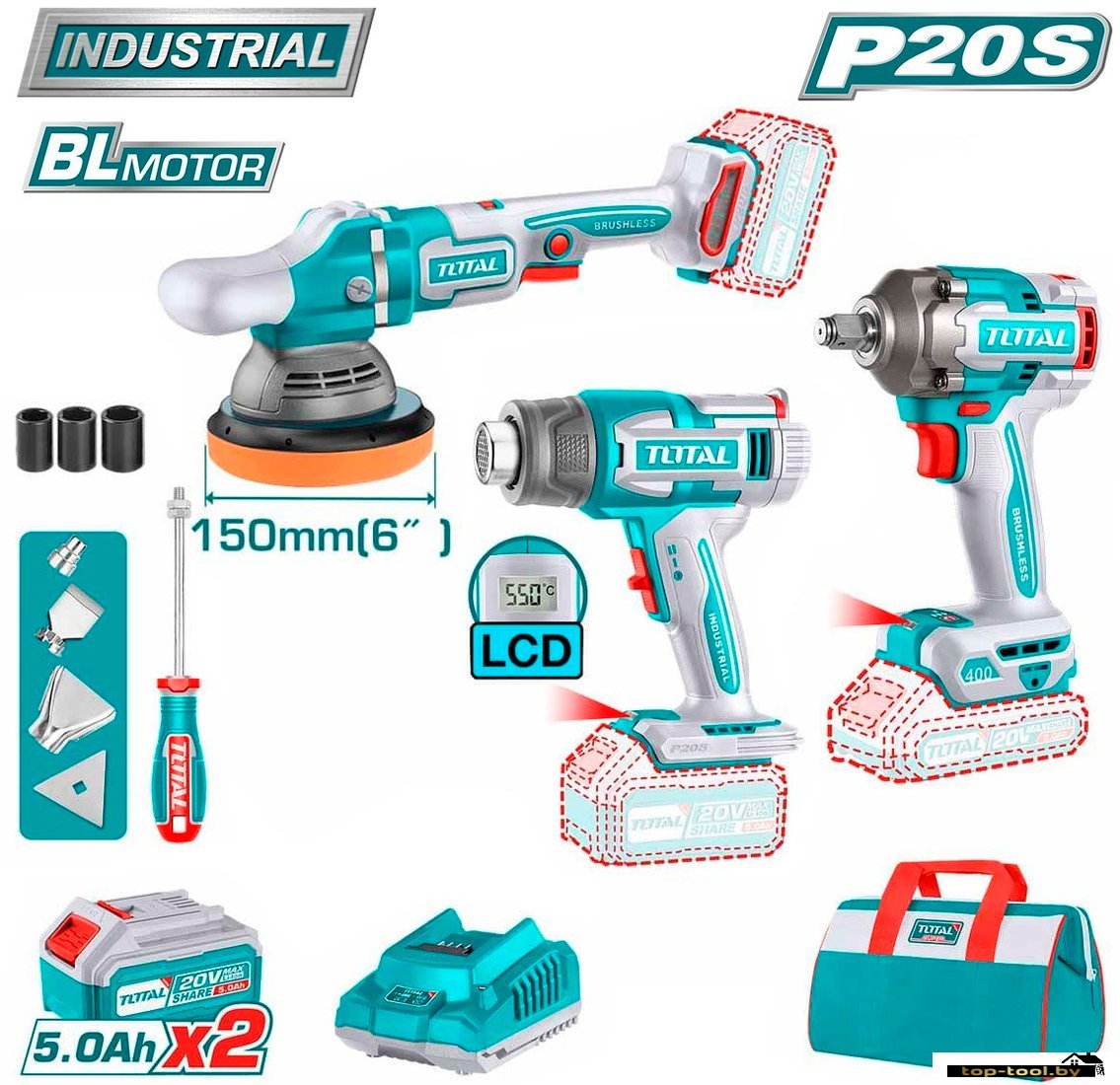 Total TOSLI240863 (гайковерт, шлифмашина, фен, 2 АКБ, сумка)